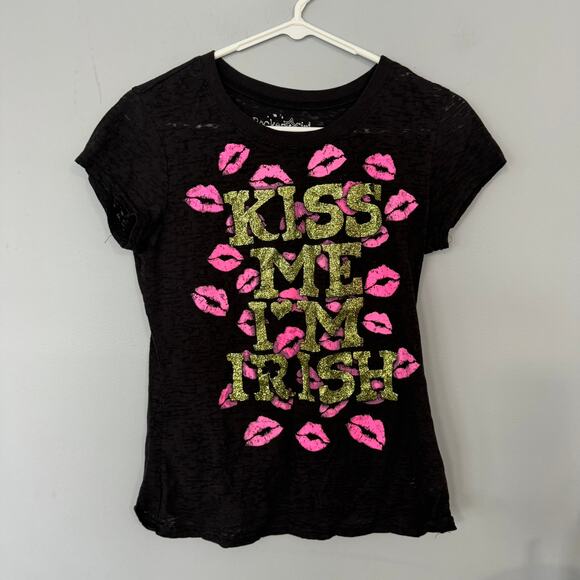 Rocker Girl Kiss Me I'm Irish Burnout Tee Shirt Juniors Size XL / 15 - 17 Black - Picture 1 of 7
